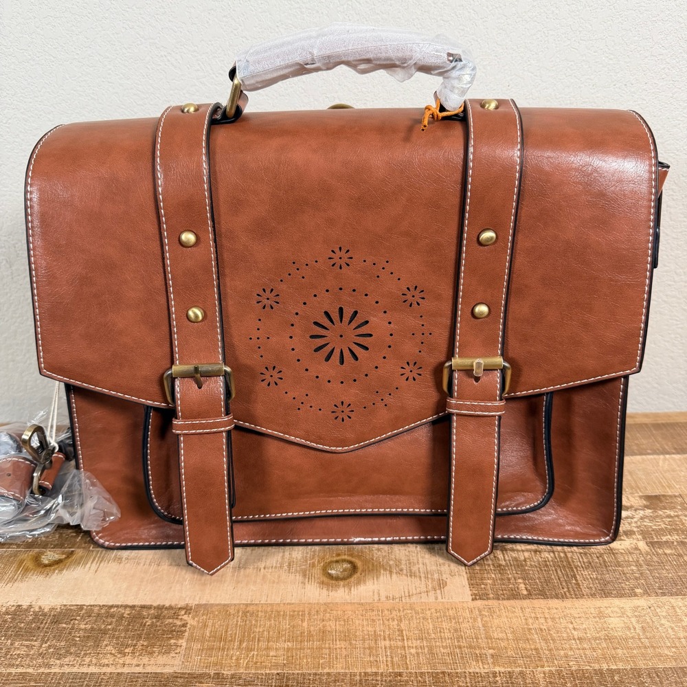 ECOSUSI Briefcase Messenger Bag Womens Large Brown Vegan Leather Floral Satchel